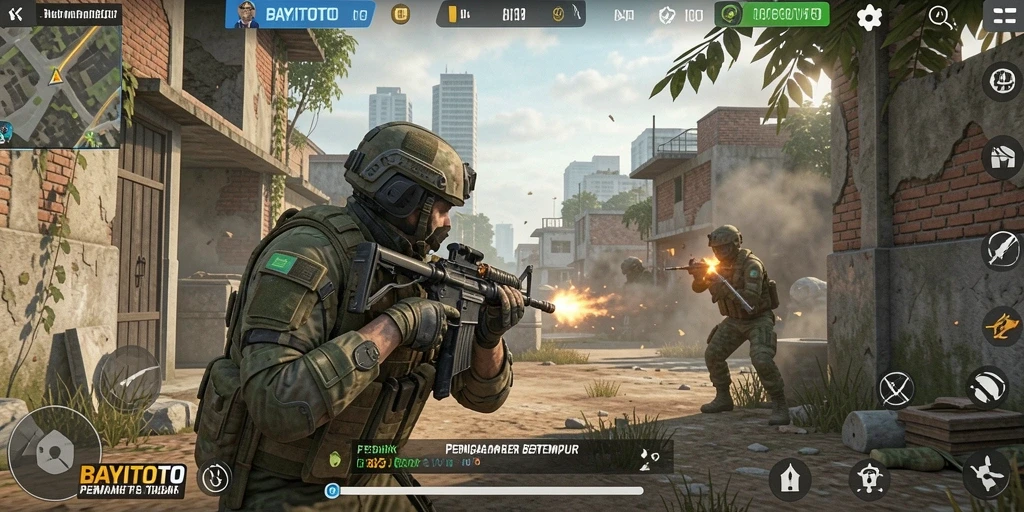 Screenshot menunjukkan aksi intens dalam pertarungan FPS di BAYITOTO.