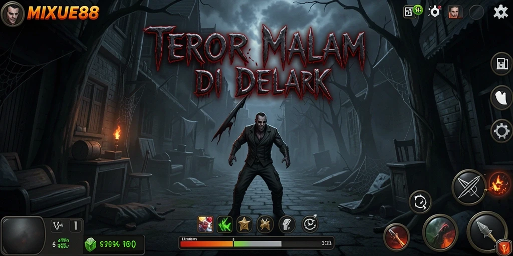 Screenshot MIXUE88 menampilkan karakter dalam kegelapan dengan makhluk menyeramkan di latar belakang.