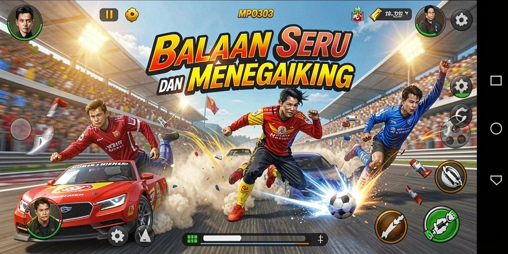 Screenshot gameplay MPO303 menunjukkan aksi balapan yang intens dan mendebarkan.