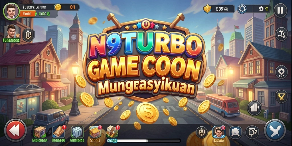 Tampilan gameplay N9TURBO yang menggambarkan manajemen bisnis yang seru.