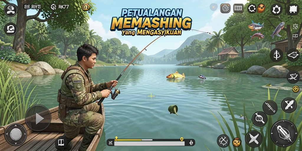 Tampilan gameplay RK77 yang menawan saat memancing di lautan.